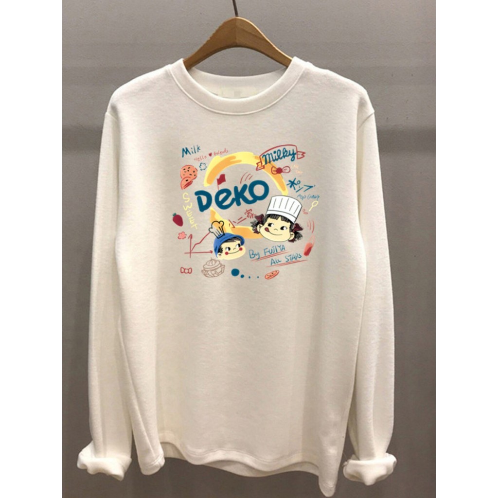 Branco puro algodão interior dos desenhos animados impresso manga comprida camiseta feminina 2026 primavera outono solto