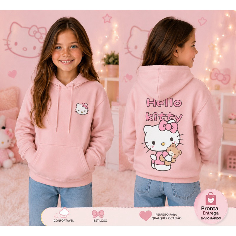 Moletom Hello Kitty Feminino Infantil Juvenil Casual com Capuz Blusa de Frio