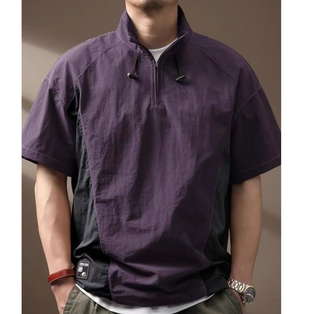 Camiseta masculina de manga curta de seda gelo gola alta camisa polo verão Street Wear Jacquard zíper meia manga