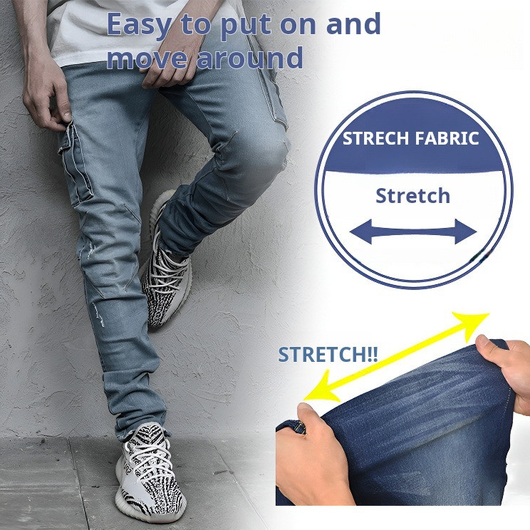 Calças jeans skinny novas, europeias e americanas, com bolsos laterais, para homens de estatura baixa.