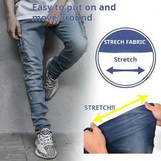 Calças jeans skinny novas, europeias e americanas, com bolsos laterais, para homens de estatura baixa.