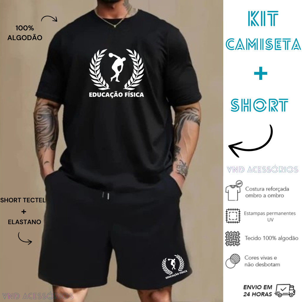 Conjunto Kit Camiseta 100% algodão E Bermuda Tectel Estampado Camisa Masculina Camiseta Short Faculdade EDUCAÇÃO FISICA