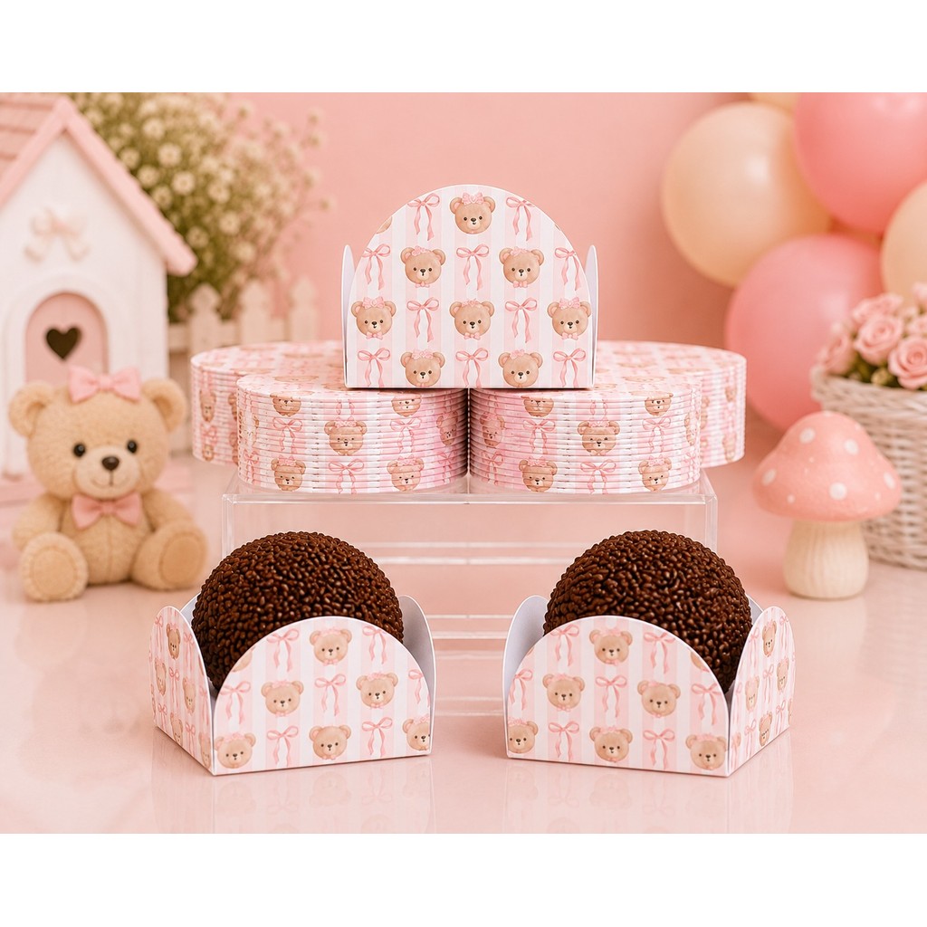Forminha de Doces Ursinho Rosa Personalizada Lembrancinha de Festa Aniversário
