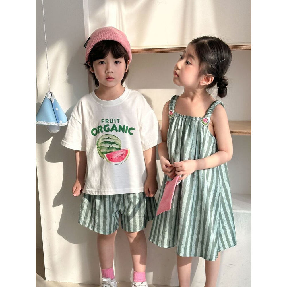 Férias à beira-mar crianças verão listrado terno meninos puro algodão camiseta moda meninas estilingue vestido irmão irm