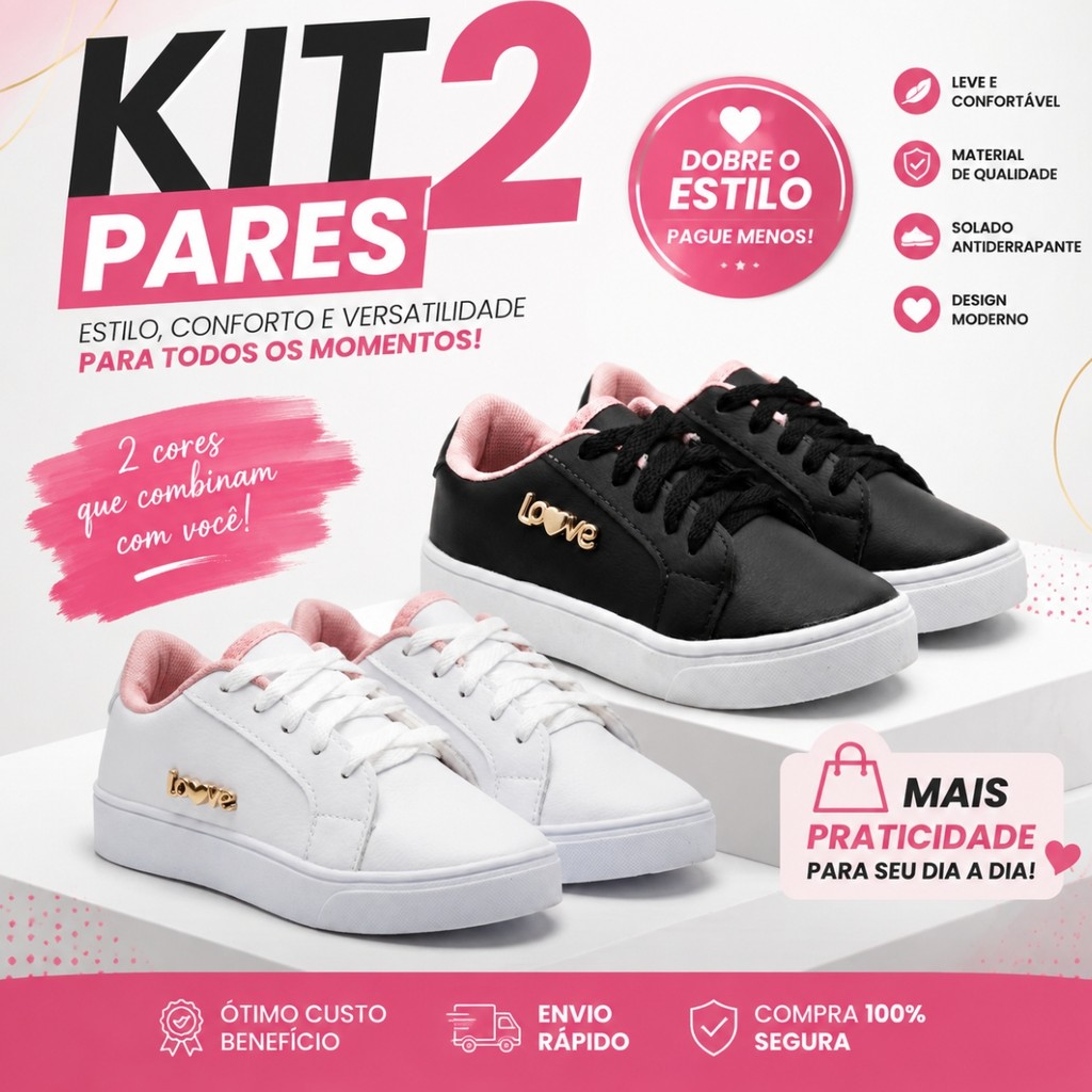 Kit 2 Pares Sapato Infantil Feminino Menina Casual Confortável Para Escola Passeio E Rotina
