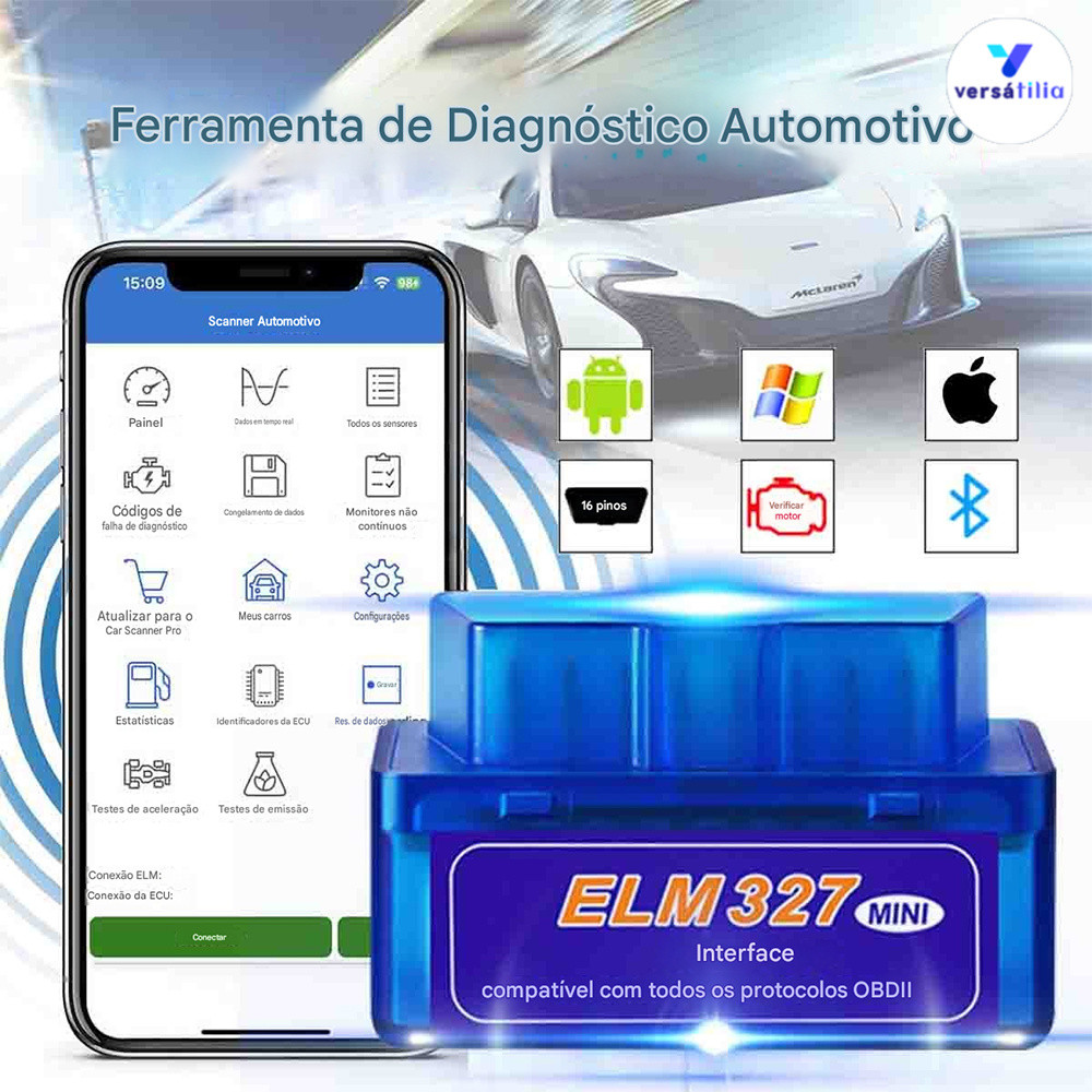 Kit Scanner OBD2 Bluetooth ELM327 para Carros – Mini Diagnóstico para Android e iOS