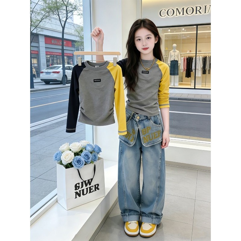 Meninas terno primavera novo estilo crianças primavera gigante olhando de manga comprida camiseta meninas primavera outo