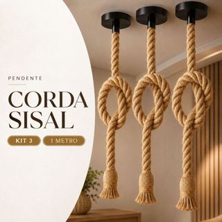 Kit 3 Pendente Corda Sisal 1 Metro Bivolt 110v 220v Vintage Rústico Decorativo Área Luminária Teto