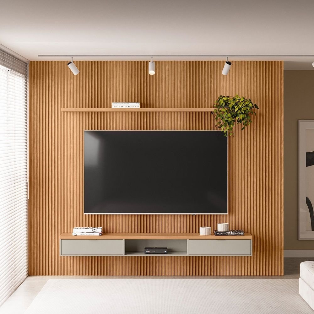 Painel Ripado para TV até 75 Polegadas MDF 300CMX250CM Modular 1 Nicho 1 Prateleira Marrom Nature/Off White