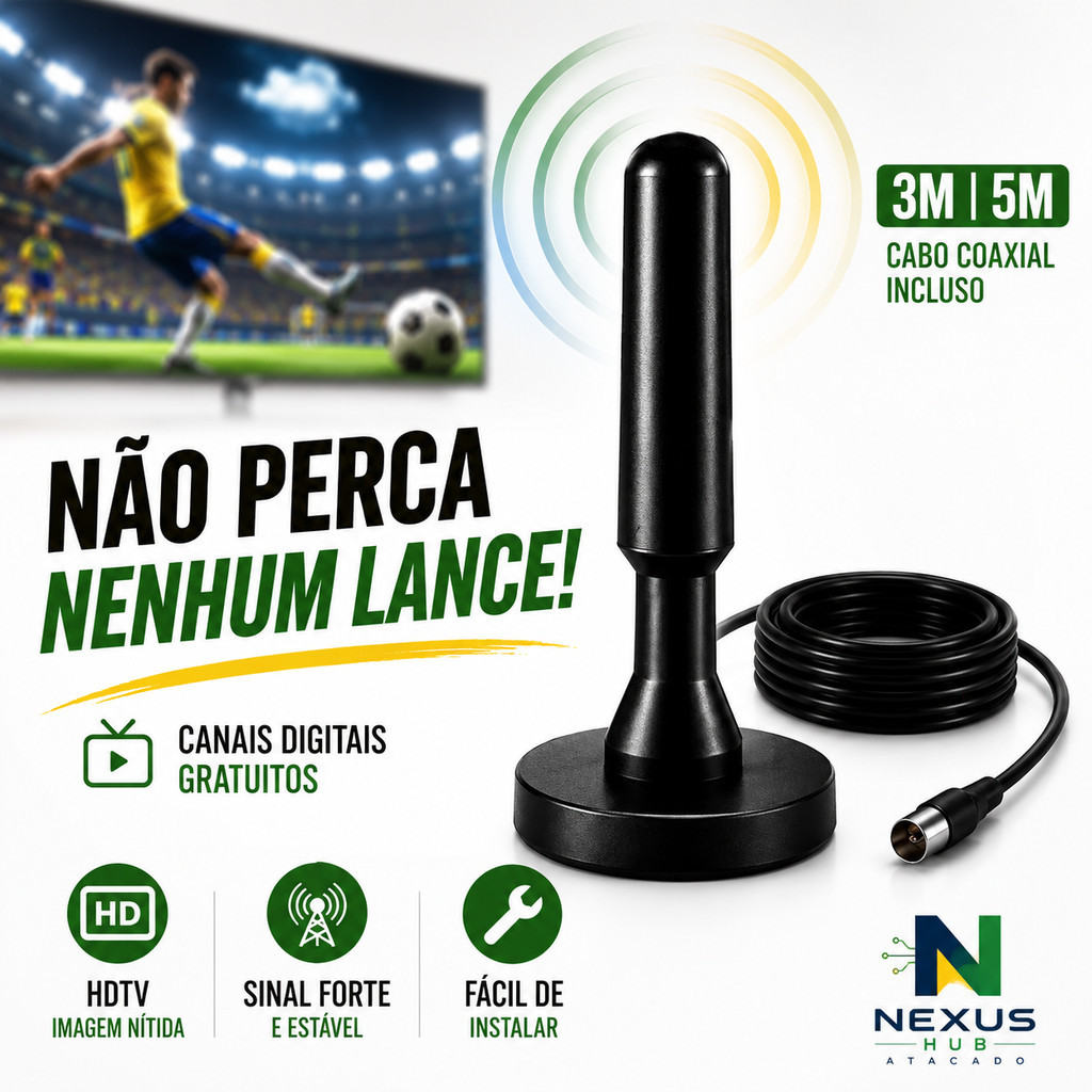 Antena TV Digital Amplificada 3.5dBi UHF VHF FM | Interna e Externa HDTV | Cabo 3m À Prova d'Água Base magnética
