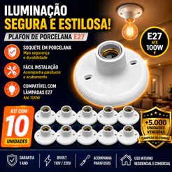 Kit 10 Plafon Suporte Lâmpada Redondo Bocal E27 Branco Preto 110v 220v Paflon Teto Casa Cozinha