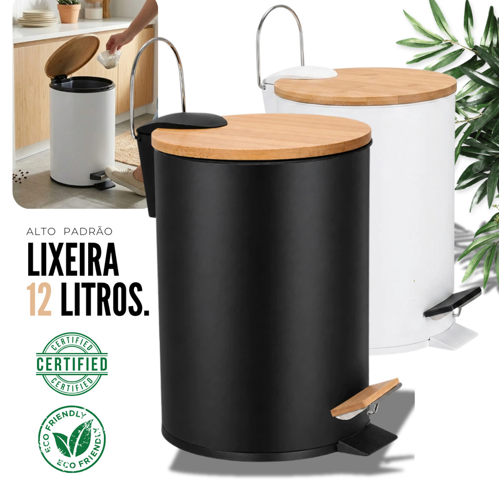 Lixeira Inox 12 Litros Tampa de Bambu c/ Pedal e Cesto Removível Lixo Banheiro Cozinha Casa Escritório