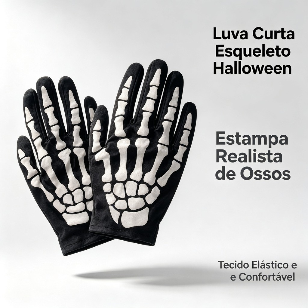 Luvas Curtas Osso Caveira Fantasia Halloween Fantasma Esqueleto cosplay