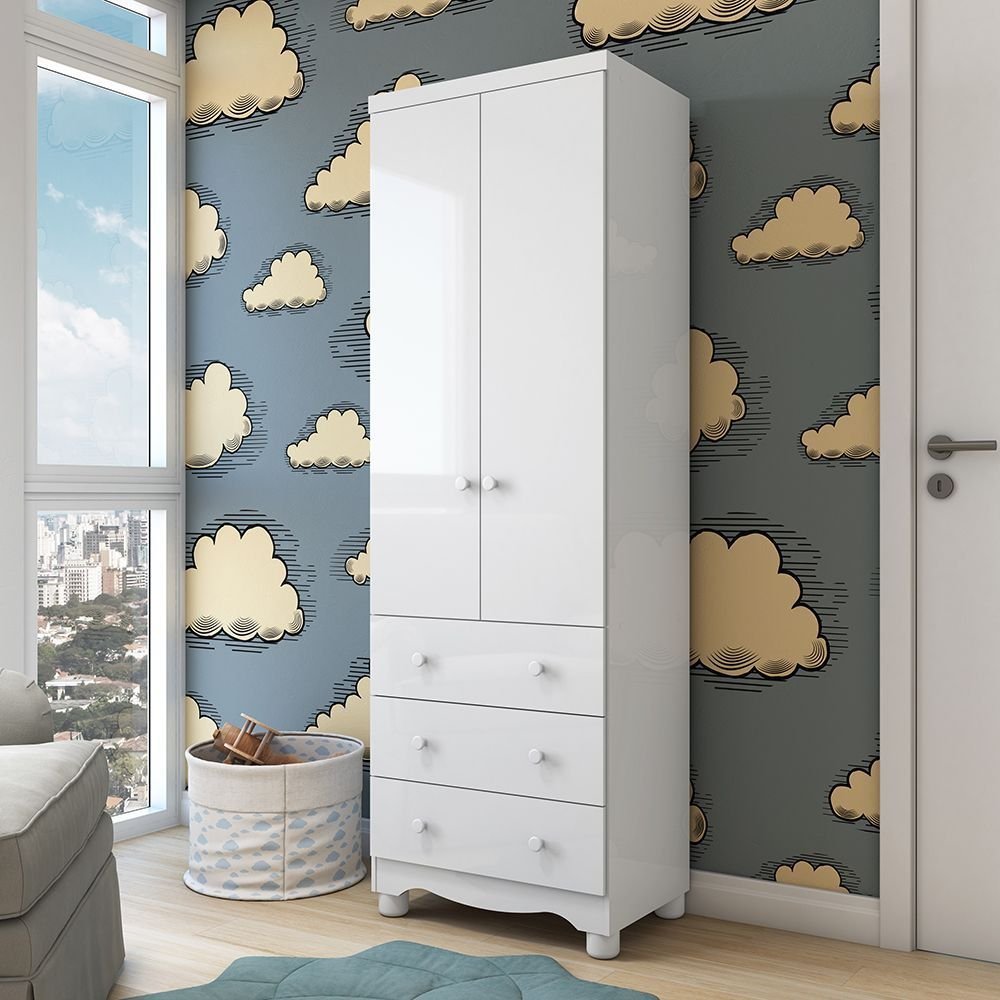 Guarda-Roupa Infantil 2 Portas e 3 Gavetas 100% MDF Mimo Espresso Móveis Branco Brilho Branco Brilho