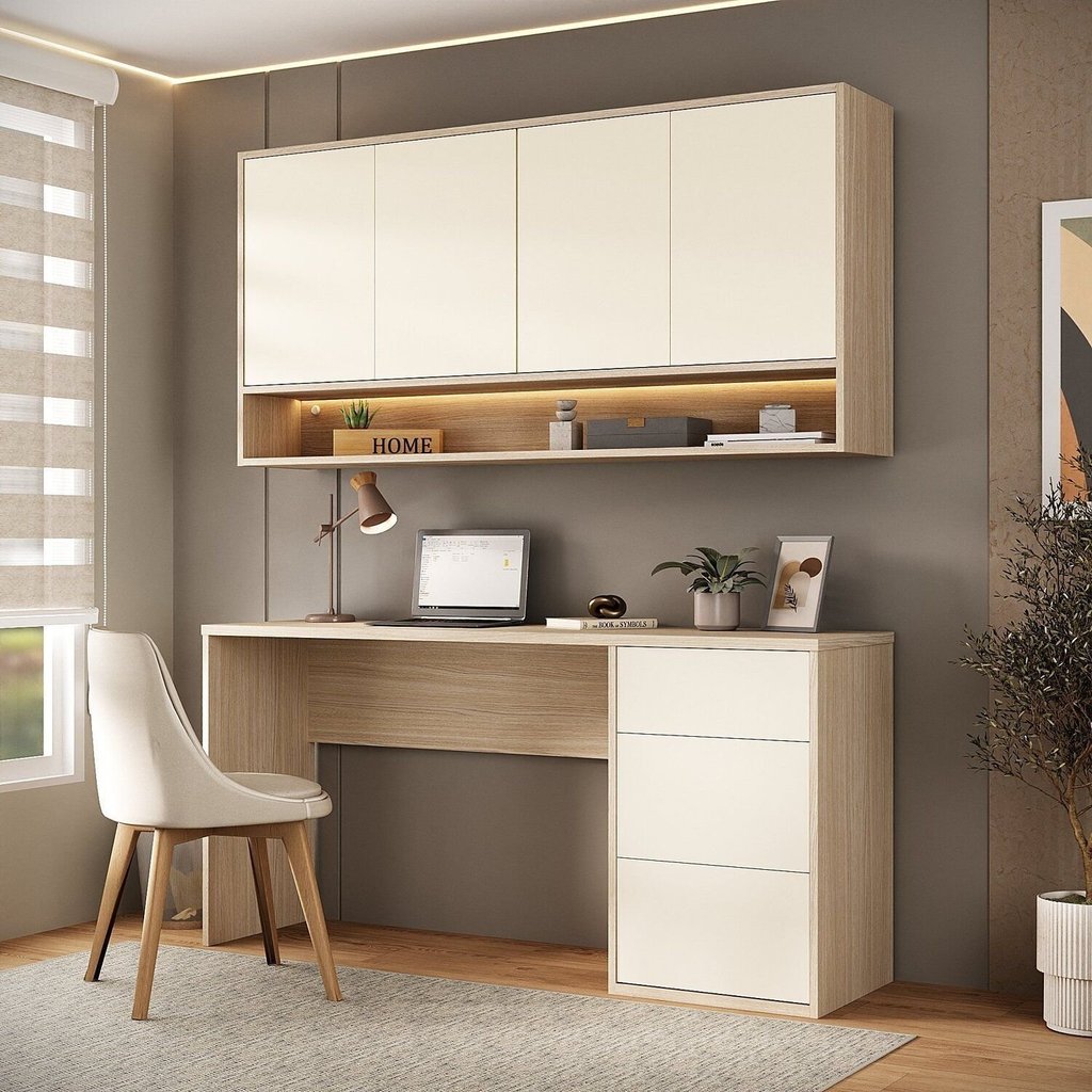 Conjunto Escrivaninha 3 Gavetas Armário Aéreo 4 Portas e Nicho LED Office Elegance Bege/Galiano Grann/Argila