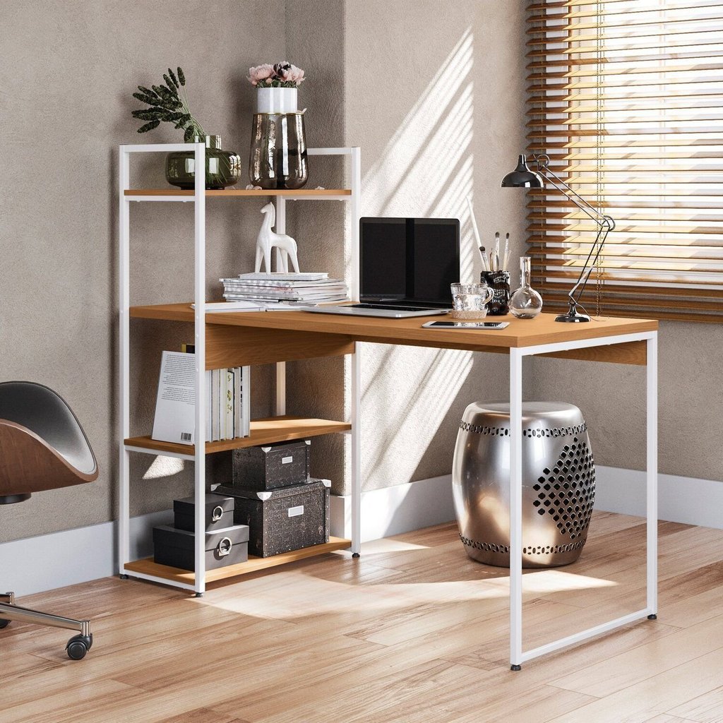 Escrivaninha Mesa Escritório Escrivaninha com Estante 3 Prateleiras 136cm Industrial Canela e Branco Canela/Branco