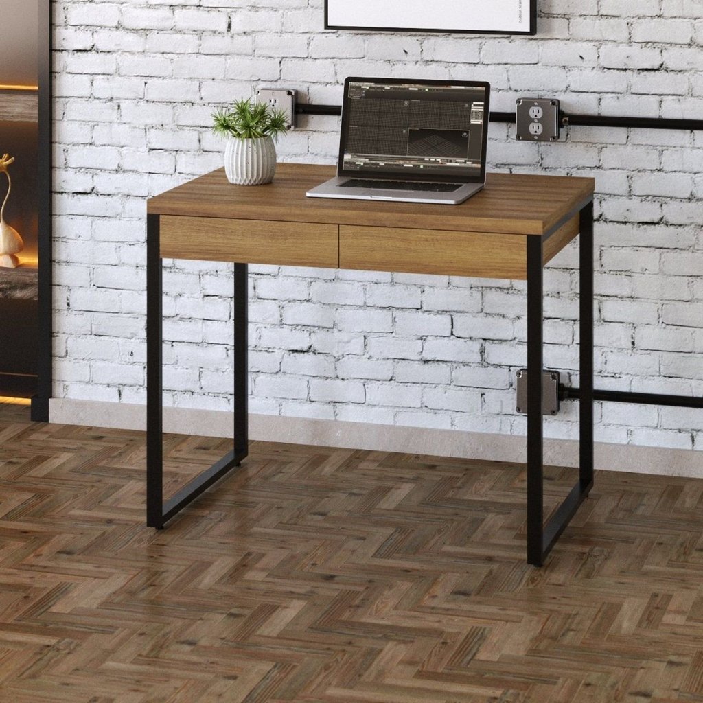 Escrivaninha Mesa Escritório Kuadra 2 Gavetas 90cm Estrutura Industrial Preto Marrom/Lâmina Mel Lâmina Mel