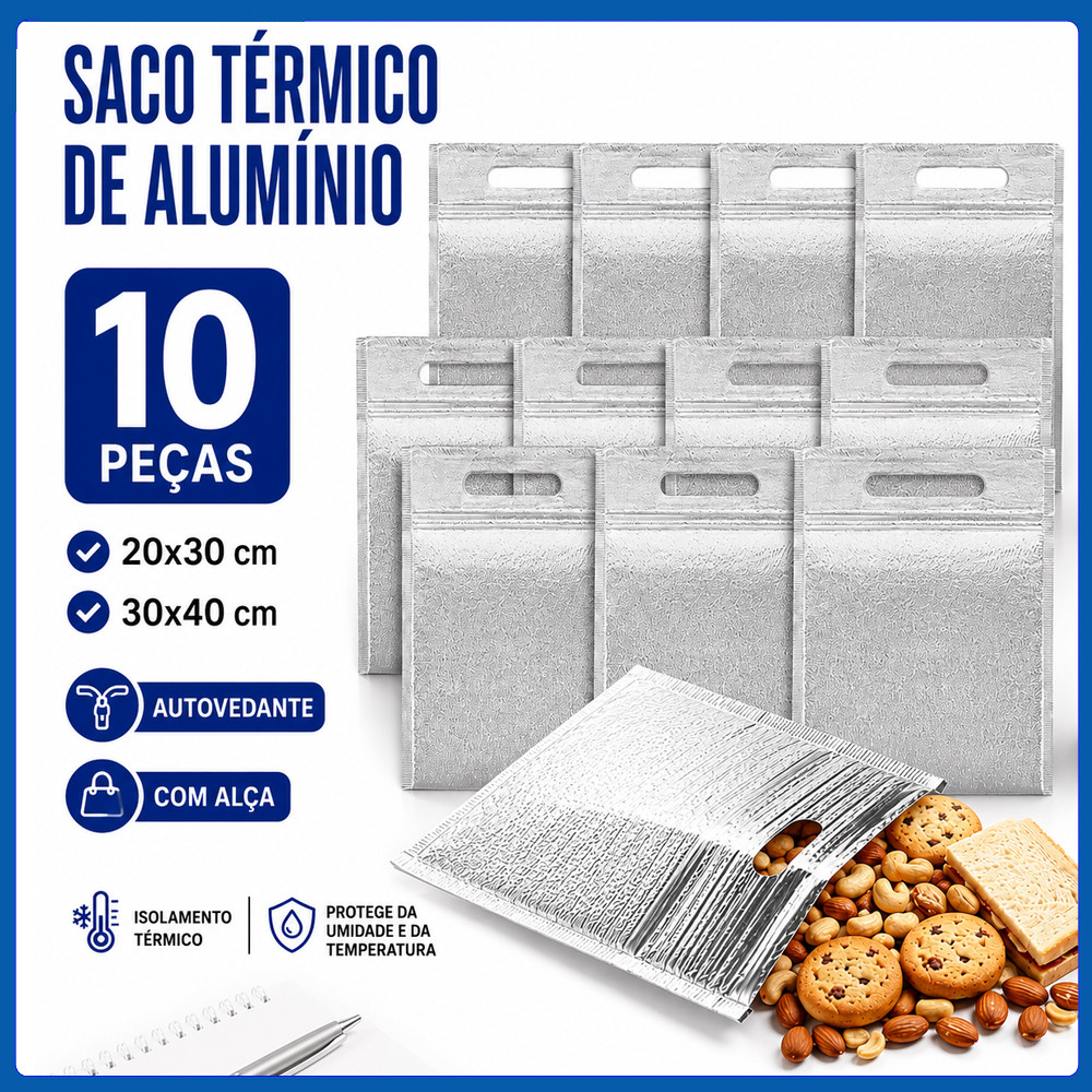 Kit 10 Bolsas de Alumínio Térmicas  para Alimentos, Bebidas, Esporte, Acampamento e Lazer