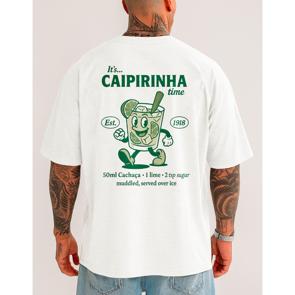 Camiseta Masculina Caipirinha Oversized Algodão Premium Estampa Drinks Streetwear Conforto Estilo