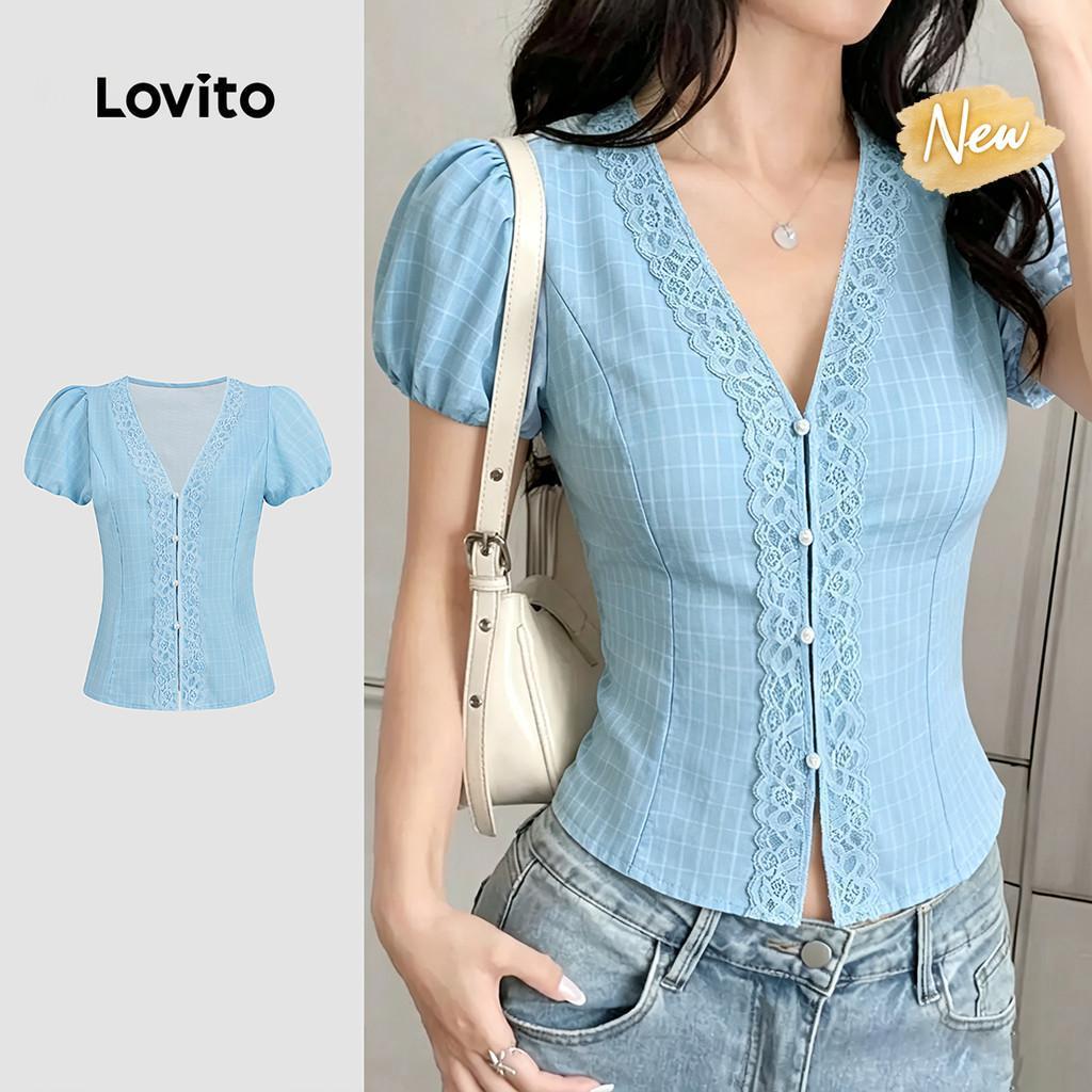 (New Arrival) Lovito Blusa Casual Azul de Renda com Botões Primavera/verão para 