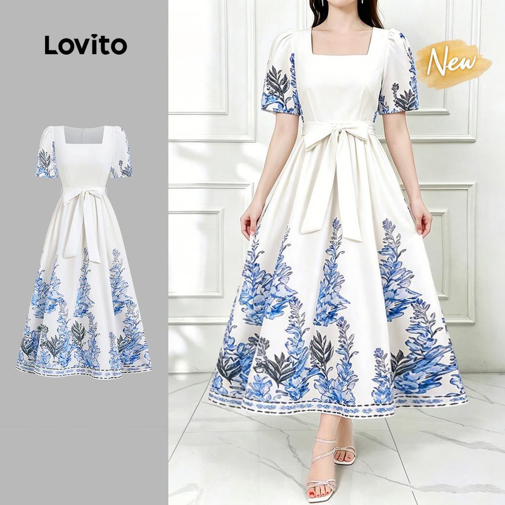 (New Arrival) Lovito Padrão de Vestido Boho com Zíper e Cinto para Primavera/ver