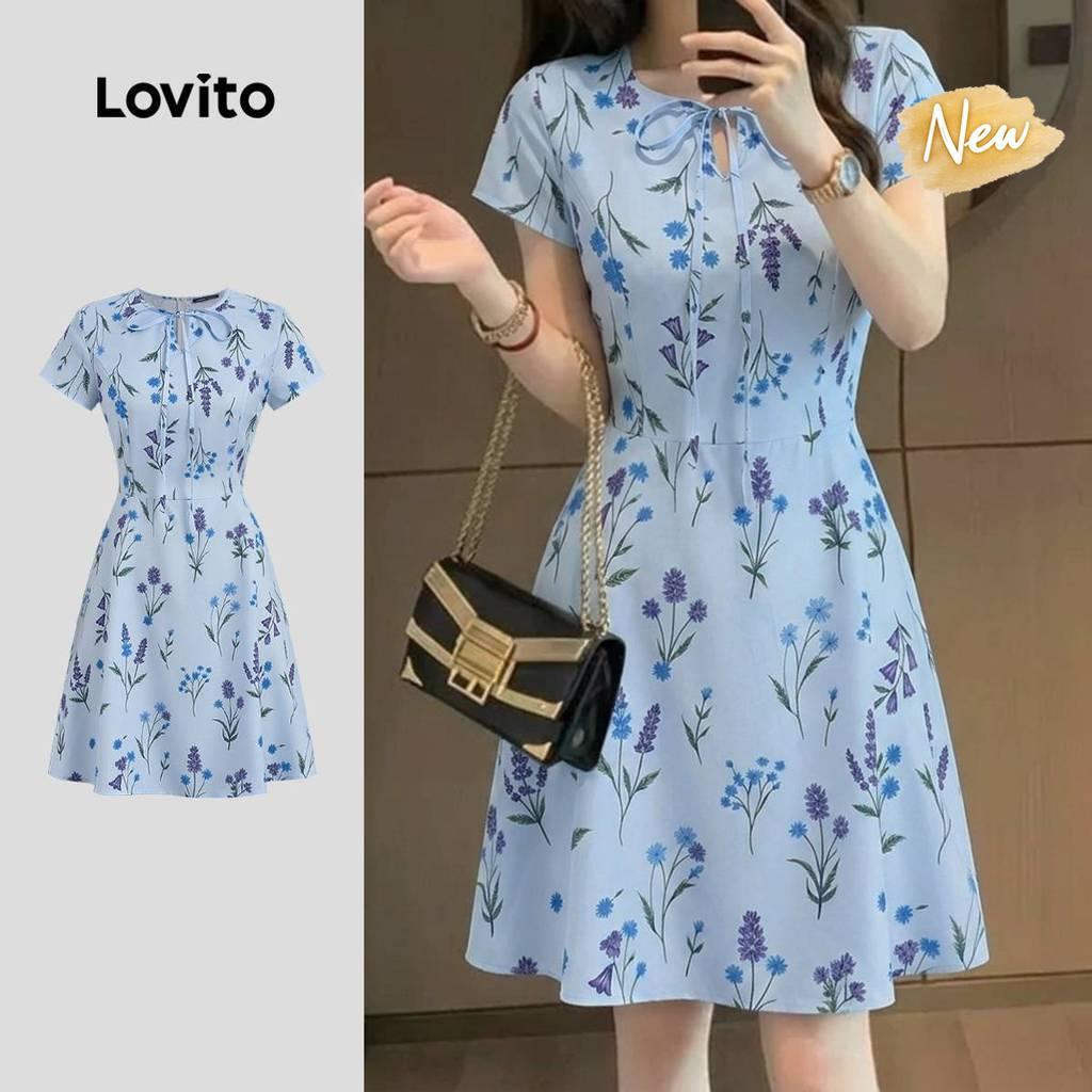 (New Arrival) Lovito Vestido Casual com Pregas para Mulheres Azul Primavera/Verão L198ED354