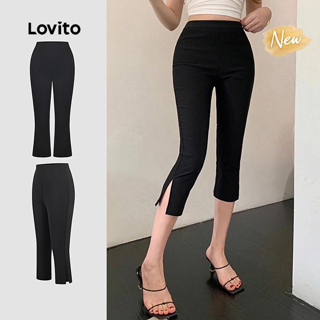 (New Arrival) Lovito Calças Casuais Divididas Lazer Clássicas e Versáteis Calças Pretas de para Mulheres L200AD199