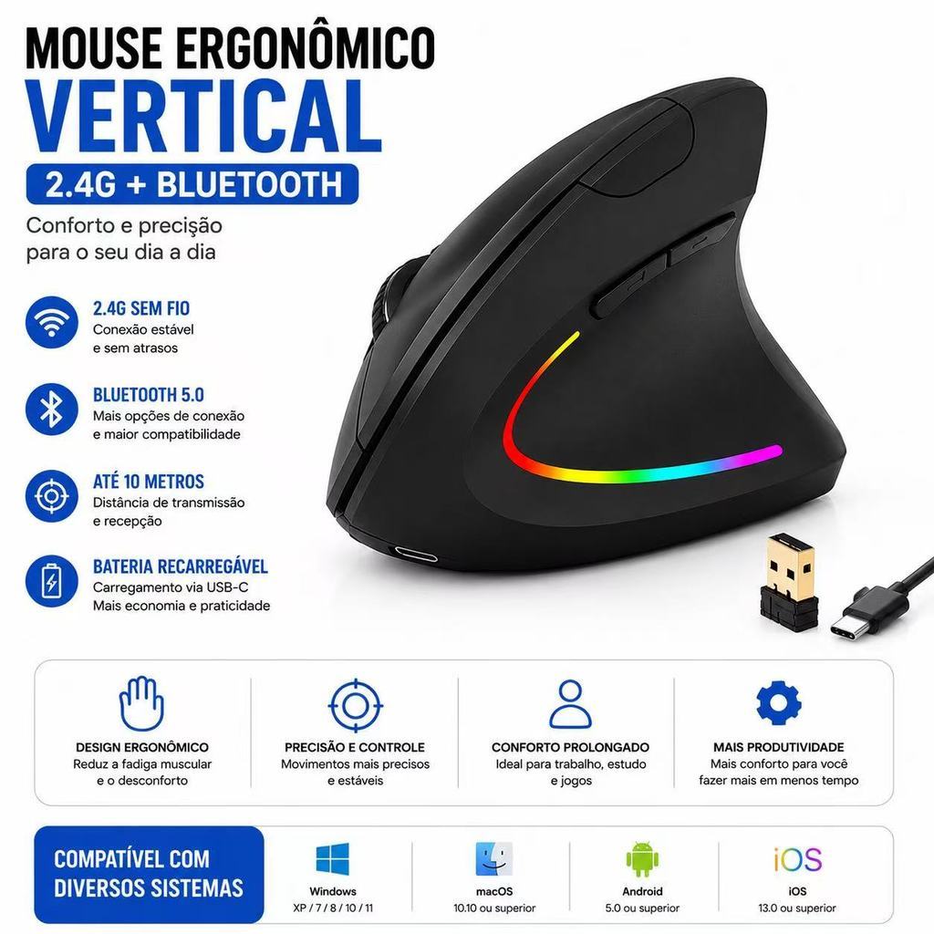 Vertical Mouse Sem Fio com Bluetooth e 2.4G Ergonômico Recarregável Portátil para PC Gamer Notebook