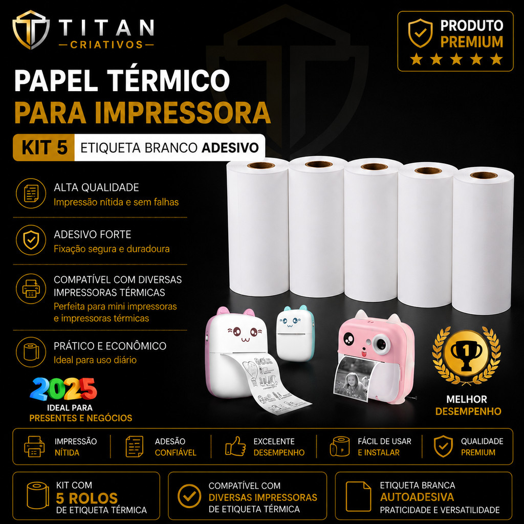 Kit 5 Bobina Etiqueta Térmica Adesiva 57x30mm Branco Mini Impressora