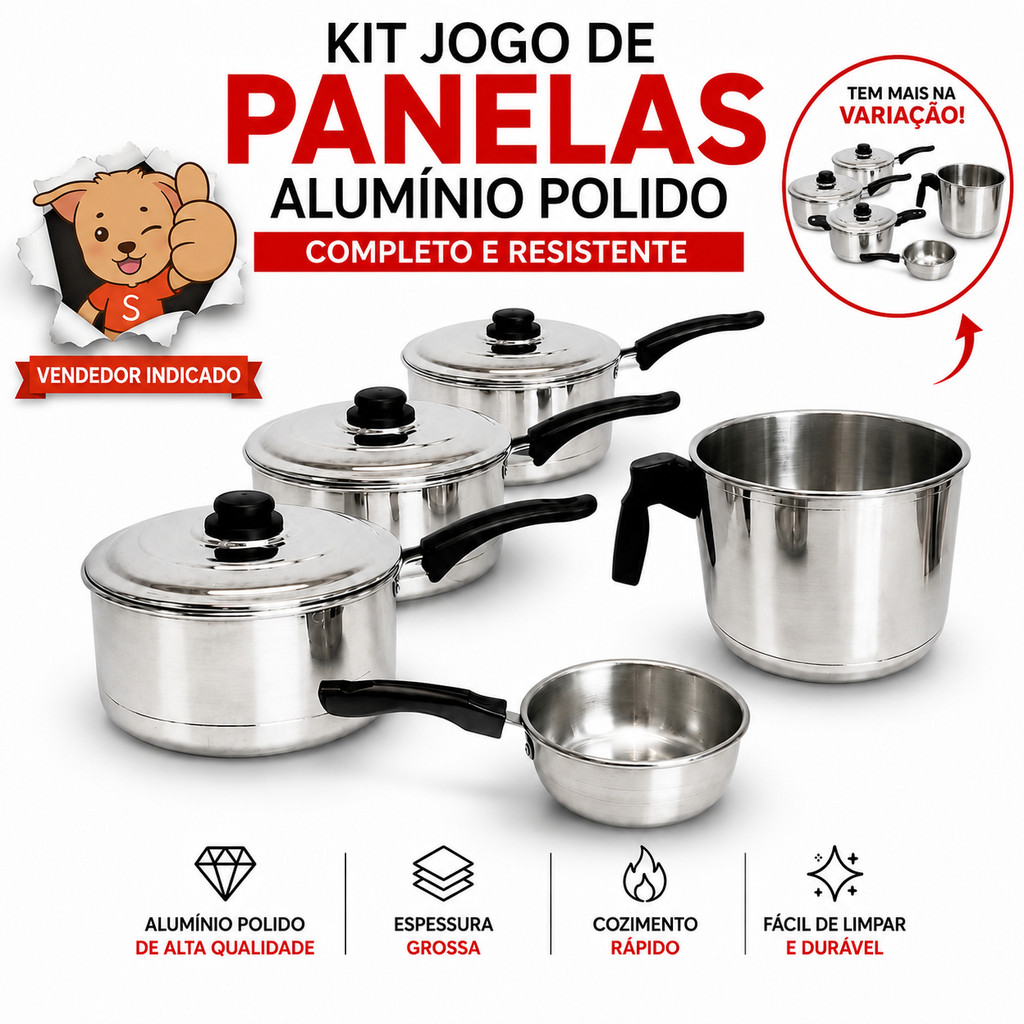 Jogo de Panelas Alumínio Polido Grosso 5 Peças Completo com Frigideira e Canecão