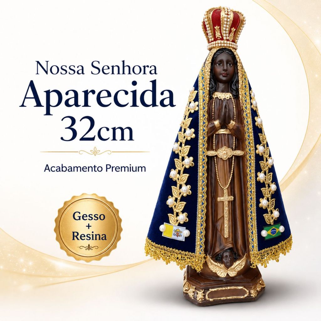 Imagem Nossa Senhora Aparecida 32cm Manto Trabalhado com Perólas Coroa c/ Strass - Modelo Premium Original Católica