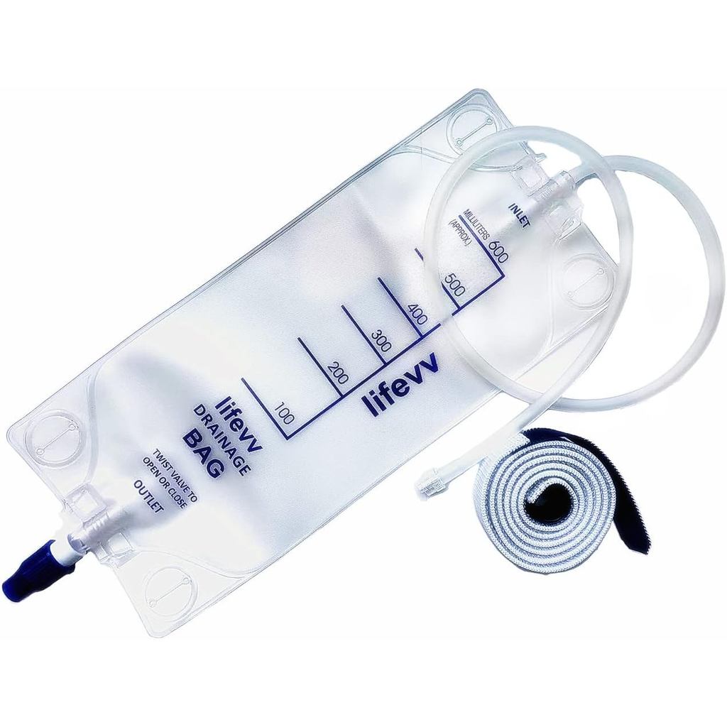 Bolsa de Drenagem de Urina Lifevv 600 ML, Drenagem com Bolsa Transparente, Bolsa de Nefrostomia, com Tubo de Silicone de