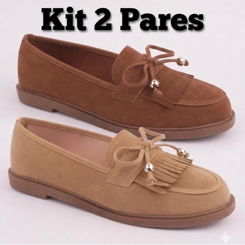 Kit 2 Pares Mocassim Feminino Elegante Camurça Legítima Confortável Casual Luxo