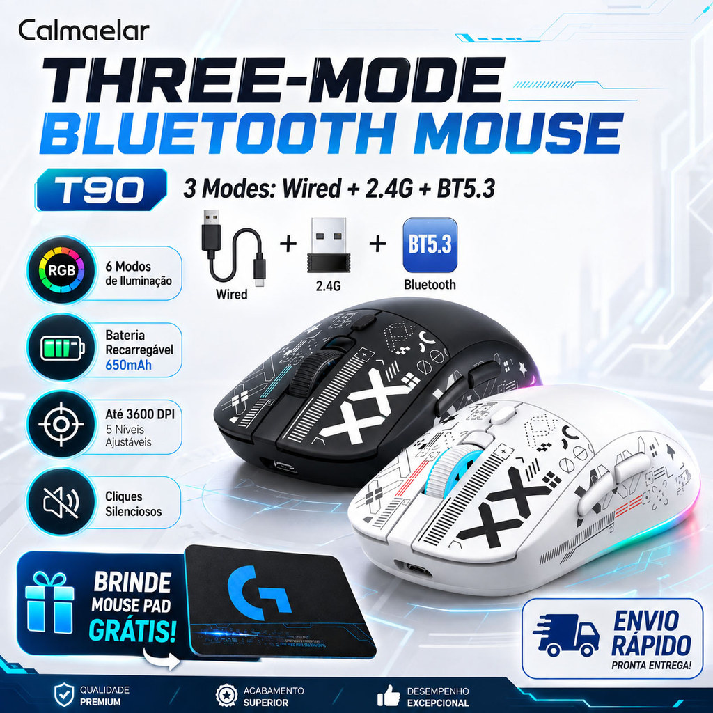 Mouse Gamer Sem Fio Bluetooth RGB Recarregável T90 2.4G USB 3600 DPI Silencioso Ergonômico Com Mouse Pad