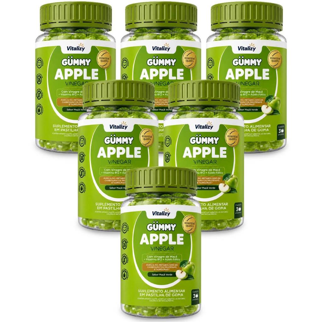 Kit 6x30 Gummy Vinagre de Maçã em Gomas Apple Cider Vinegar Zero Açúcar Sabor Maçã Verde Vitalizy
