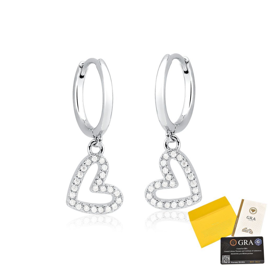 Brinco Moissanite de Prata 925 Argola com Coração Cravejado