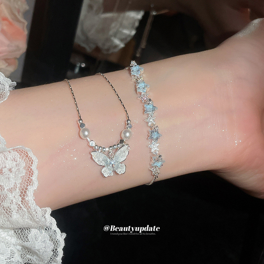 Conjunto De Pulseira E Colar De Estrela De Borboleta De Cristal De Zircônia Brilhante Estilo Coreano , Joias Da Moda Com