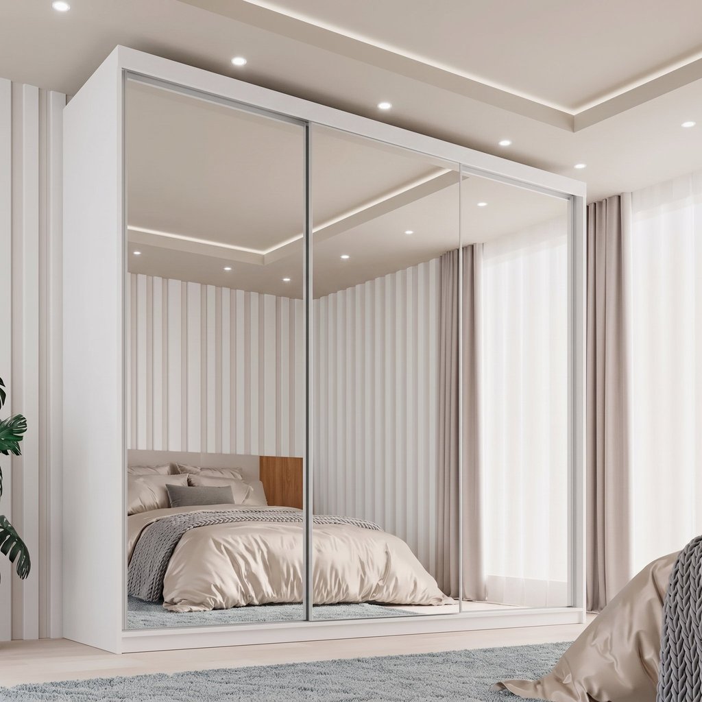 Guarda-Roupa Casal 3 Portas com Espelho 100% MDF Geneve Branco Branco