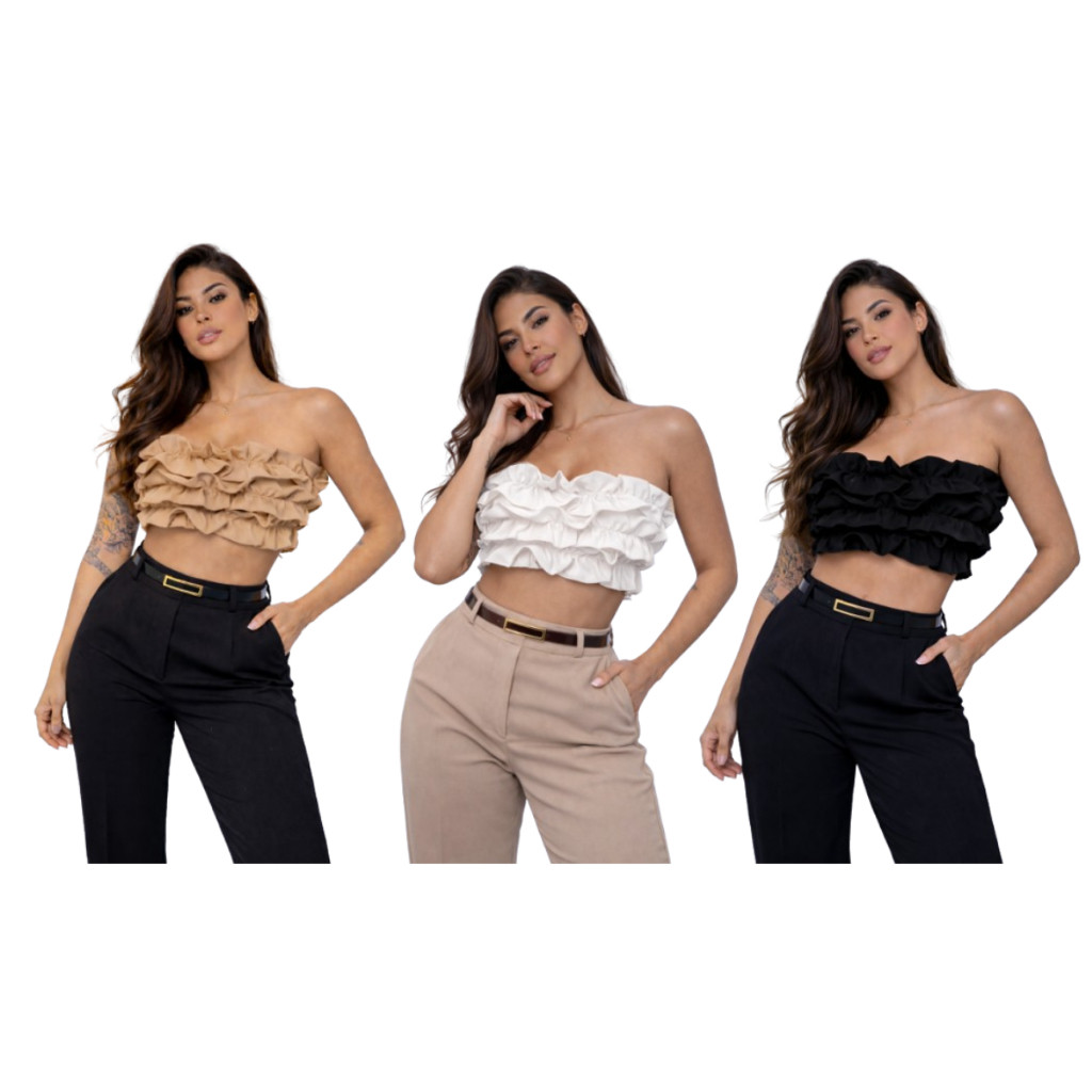 Kit C 3 Cropped Feminino Tomara Que Caia Alfaiataria Bojo Babado Amarração Elegante Moda Blogueira Festa Verão Tendência