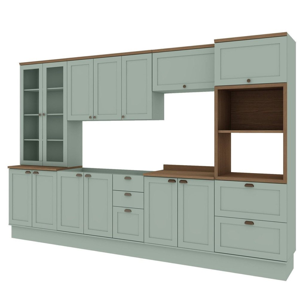 Cozinha Completa Modulada 6 Peças 100% MDF com Cristaleira Torre Quente e Balcão para Pia Iluminata Mint/Ebano