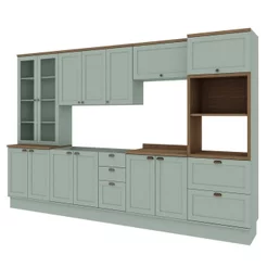 Cozinha Completa Modulada 6 Peças 100% MDF com Cristaleira Torre Quente e Balcão para Pia Iluminata Mint/Ebano