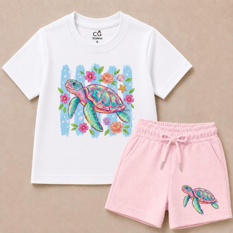 Conjunto Infantil Feminino Tartaruga Colorida – Camiseta + Short Moletinho Rosa | Look Fofo, Moderno e Confortável
