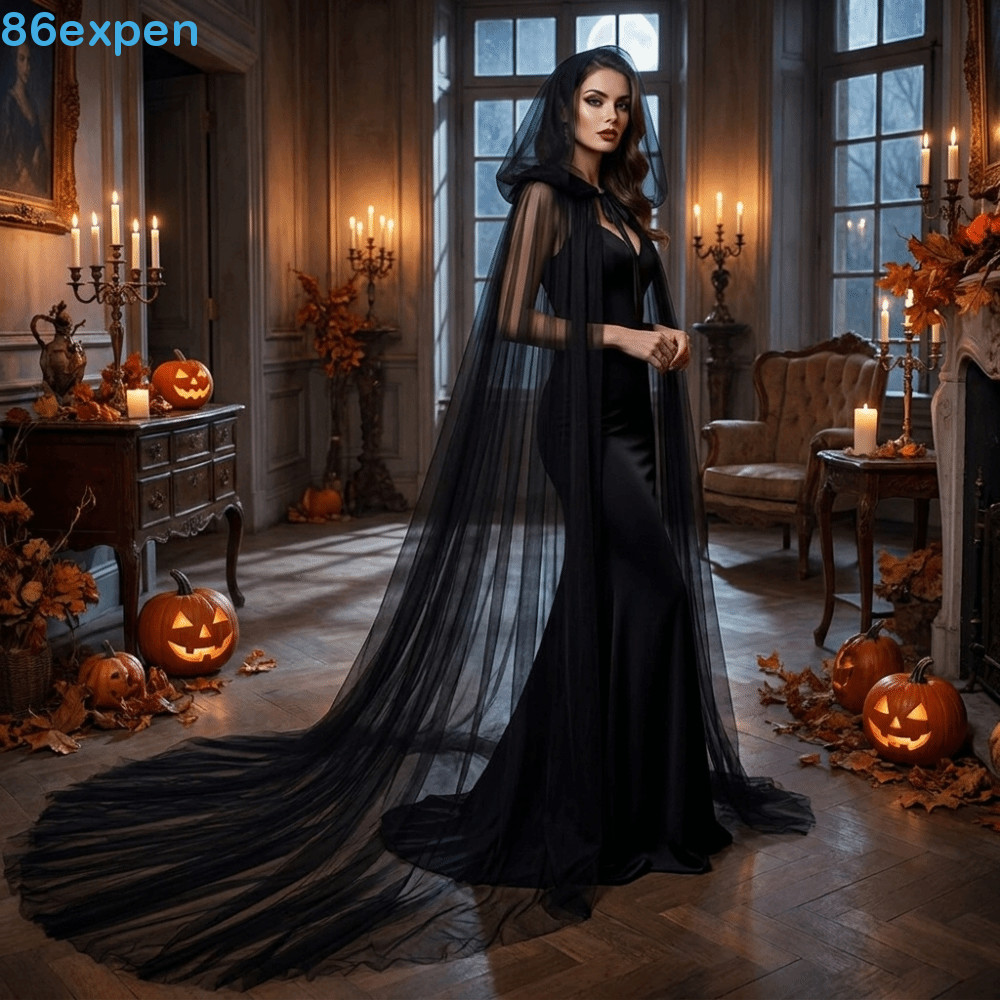 EXPEN1 Capa De Tule Com Capuz Para Halloween , Malha Macia De Cor Sólida , Fantasia De Noiva Leve E Longa Transparente C