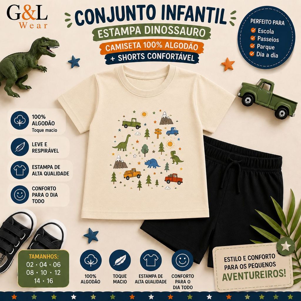 Conjunto Infantil Menino Camiseta + Shorts Dinossauro 100% Algodão Moletinho Roupa Infantil Masculina Verão