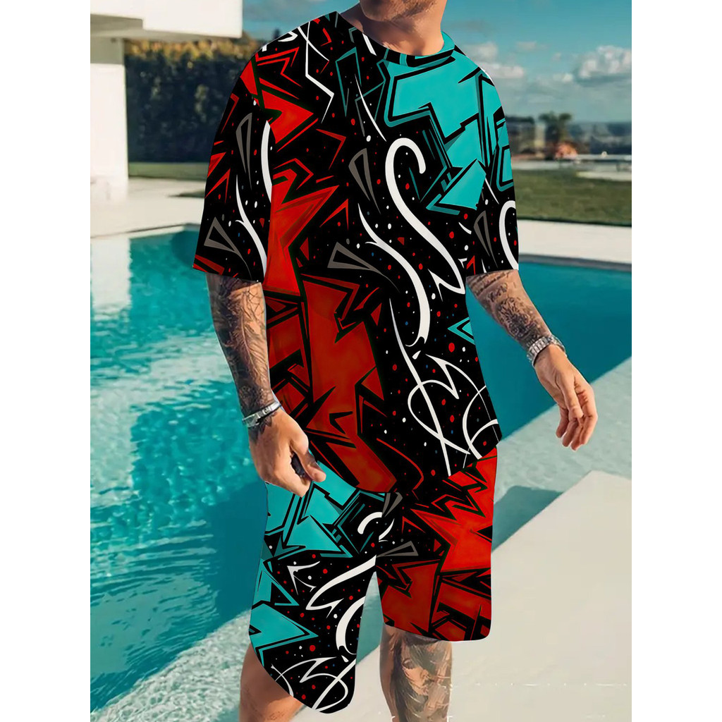 Conjunto masculino de 2 peças de secagem rápida respirável terno esportivo - camiseta e Shorts estampados completos Equi