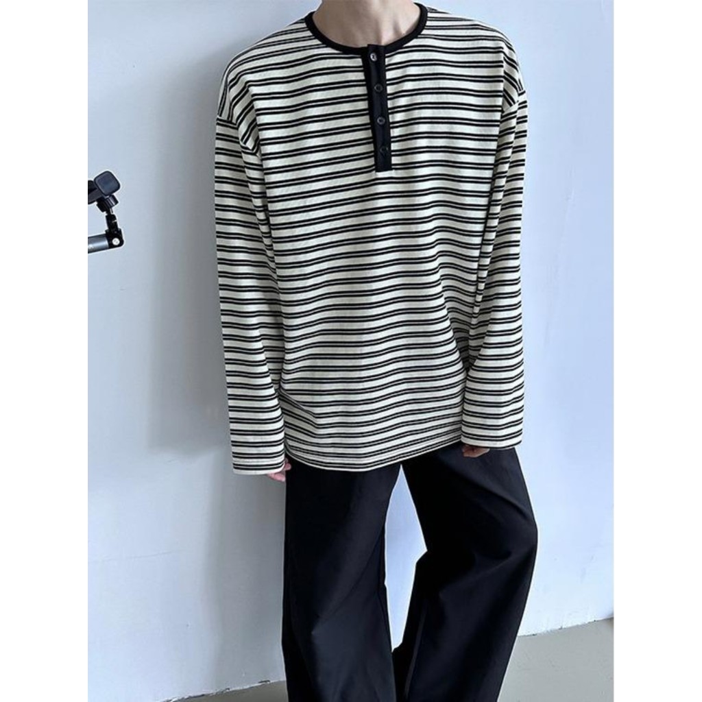 Primavera outono Retro preguiçoso estilo solto contraste cor listrado manga comprida camiseta masculina meia gola aberta
