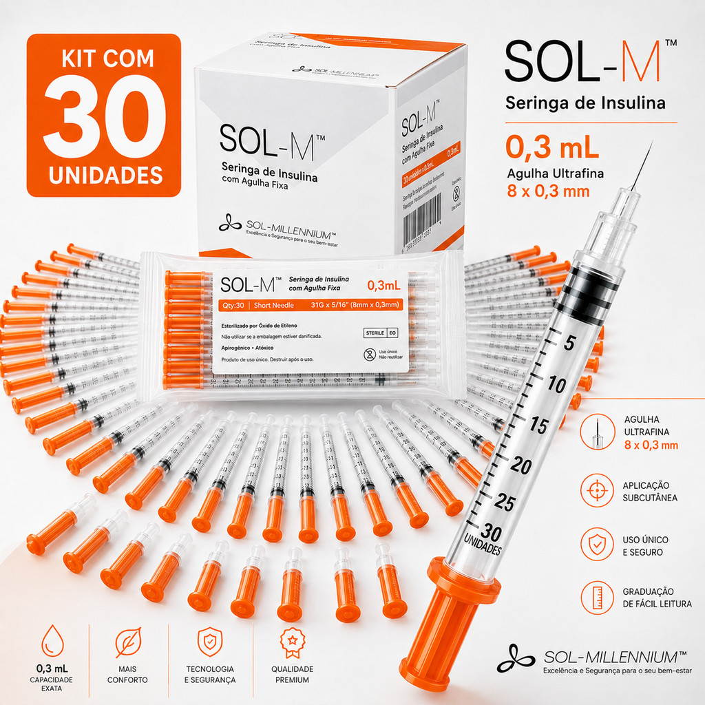 Kit Econômico 30 Seringas para Insulina 0,3mL 30UI 30G Agulha Fixa Ultrafina 8x0,3mm Sol Millennium