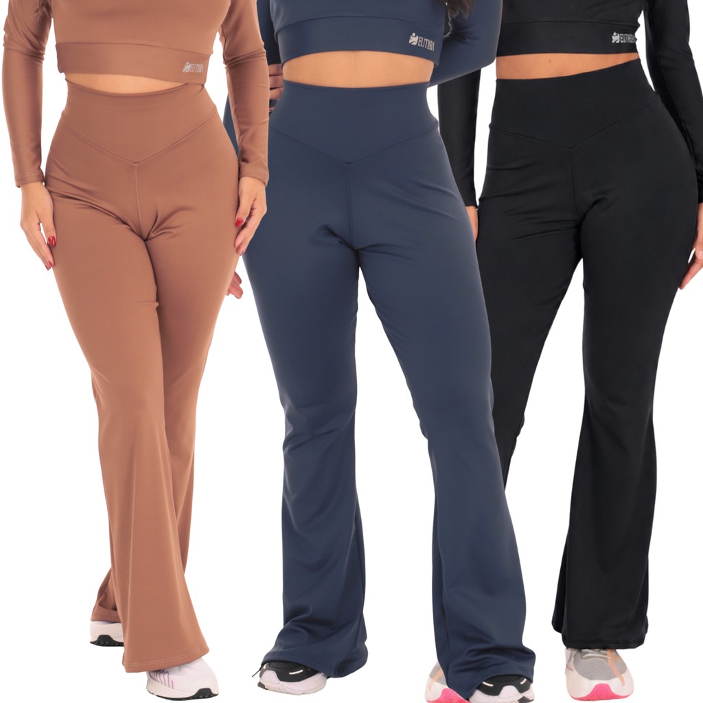 Kit 3 Calças Legging Flare Cintura Alta Blackout Zero Transparência Academia Fitness Bailarina