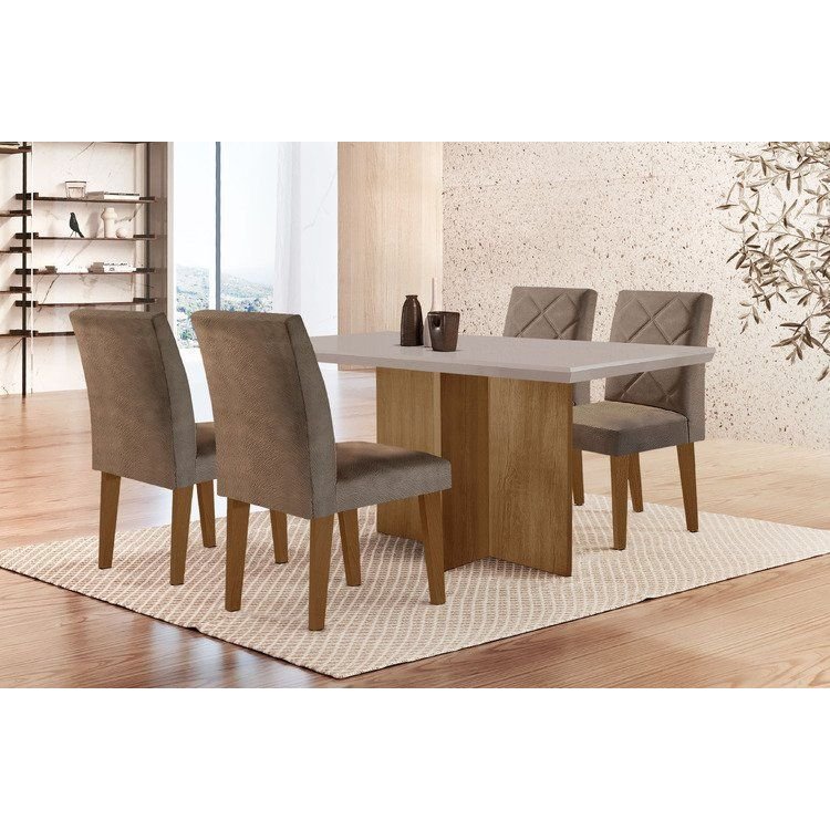 Conjunto Sala de Jantar Mesa com 4 Cadeiras Cayman Yescasa Animalle Chocolate/Off White/Imbuia