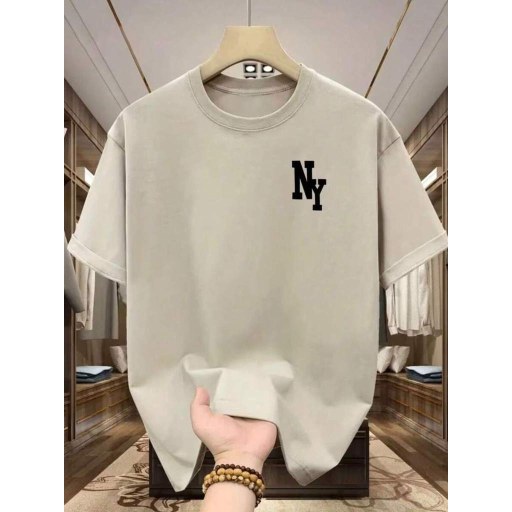 Camisa Masculina Estampada NY no Peito Camiseta 100% Algodao Lançamento Estilo Casual Masculino Primavera Verão
